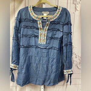 A'la Carte' ' chambray ruffled ric rac trim embroidered trim Lyocell M top